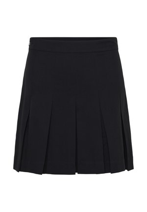Crna plisirana suknja s ravnim pojasom, izrađena od lagane tkanine. Ima oštre plisove i klasičan dizajn.
