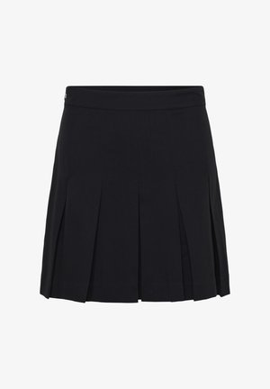Crna plisirana suknja s ravnim pojasom, izrađena od lagane tkanine. Ima oštre plisove i klasičan dizajn.