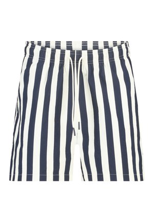 Korte zwart-wit verticale gestreepte shorts met elastische taille, witte trekkoord en metalen uiteinden.