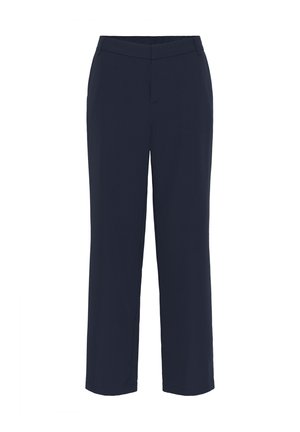 Pantalones rectos azul marino con una cintura de altura media y presillas para cinturón, diseñados para un ajuste ajustado.