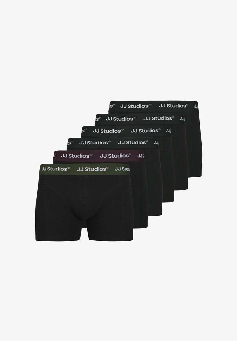 Boxer in cotone nero con vita elastica. Presenta diverse colorazioni per la vita: verde oliva, viola scuro e nero standard, ognuna con un logo.