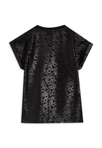 Top nero a maniche corte con motivo geometrico lucido, scollo tondo e finitura strutturata. Tessuto leggero con vestibilità comoda.