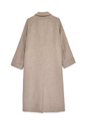 Garš bežs vilnas mētelis ar raglanu piedurknēm un izgrieztu apkakli. Gluda tekstūra, taisna griezuma un centrā atrodas šuvuma detaļa.