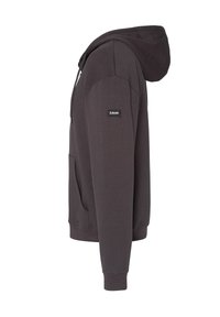 Hoodie zippé gris foncé avec une capuche à cordon de serrage, poche kangourou, poignets côtelés et une petite écusson logo sur la manche gauche.