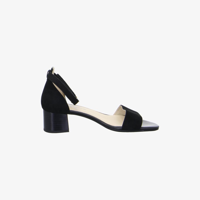 Black low-heeled sandal with open toe, single front strap, ankle strap with Velcro closure, and block heel.