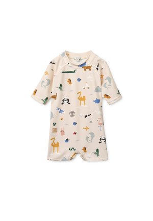 Kremfarvet kortærmet heldragt med farverige dyreprint. Fremstillet af letvægtsstof, med trykknapper i bunden for nem påklædning.
