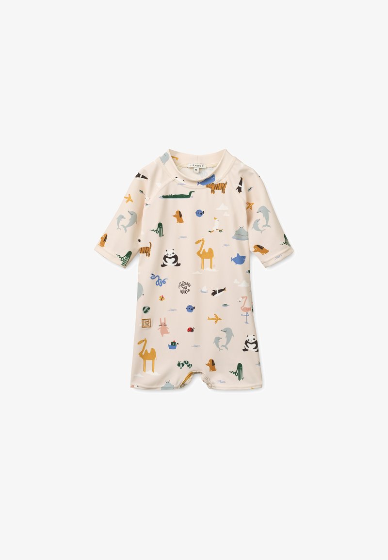 Ολόσωμη φόρμα κοντομάνικη σε κρεμ απόχρωση με πολύχρωμα σχέδια ζώων. Κατασκευασμένη από ελαφρύ ύφασμα, με κουμπώματα στο κάτω μέρος για εύκολο ντύσιμο.