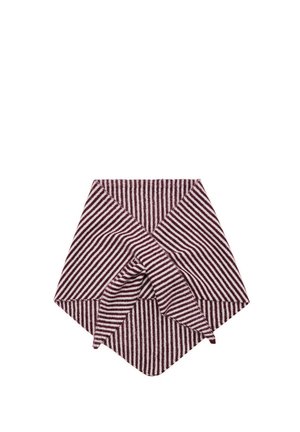 Folded knit scarf with diagonal maroon and white stripes forming a crisscross pattern on a white background.