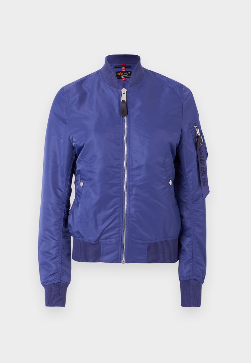Blue bomber jacket made of smooth fabric, featuring a front zipper, ribbed cuffs, and a utility pocket with a zipper on the sleeve.