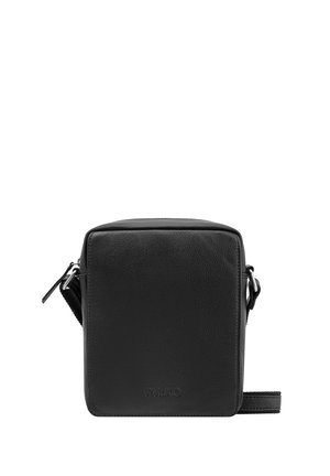 Schwarze rechteckige Leder-Crossbody-Tasche mit verstellbarem Riemen und geprägtem RYUKO-Logo auf der Vorderseite.