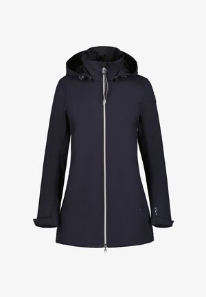 Marineblaues Jacket mit Kapuze, aus wasserabweisendem Material, verfügt über einen Front-Reißverschluss, Seitentaschen und verstellbare Bündchen. Glatte Textur, minimalistisches Design.