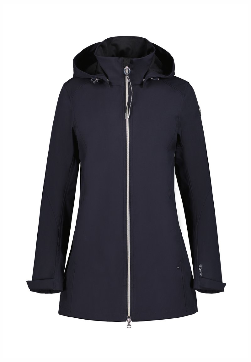 Marineblaues Jacket mit Kapuze, aus wasserabweisendem Material, verfügt über einen Front-Reißverschluss, Seitentaschen und verstellbare Bündchen. Glatte Textur, minimalistisches Design.