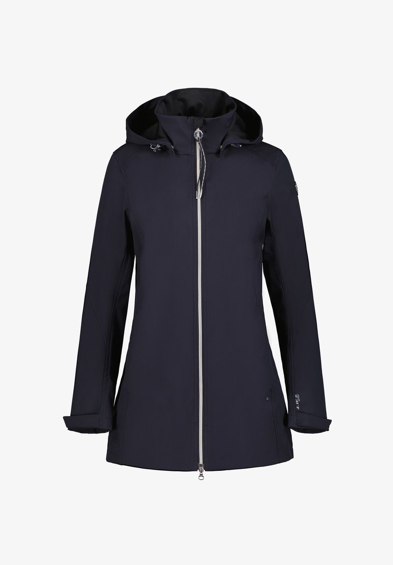 Navy jacket with a hood, made of water-resistant material, features a front zipper, side pockets, and adjustable cuffs. Smooth texture, minimal design.