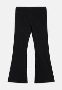 Pantalon noir évasé en tissu extensible avec une texture lisse. Le design présente une taille ajustée et de larges évasements en bas.