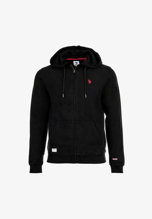 Sweat à capuche noir zippé avec poches avant, cordons de serrage, logo rouge brodé sur la poitrine, et un petit patch sur le poignet de la manche gauche.