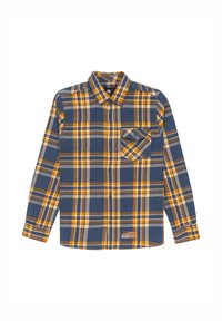 Košeľa s dlhým rukávom, zapínaná na gombíky, s modro-žlto-bežovým károvaným vzorom, jedným náprsním vreckom so gombíkovou klopou a s golierom.