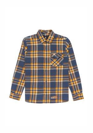 Long-sleeve button-up shirt with blue, yellow, beige plaid pattern, single chest pocket with button flap, and collar.