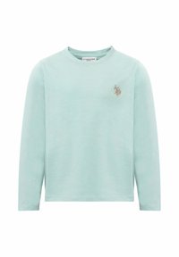 Maglietta a maniche lunghe di colore azzurro chiaro realizzata in tessuto morbido. Presenta un piccolo logo ricamato color beige sul petto a sinistra. Scollo classico a girocollo.