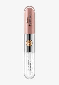 Dobeltsidig leppeprodukt fra KIKO Milano med rosagulldusj på den ene enden og klar gloss på den andre, merket Unlimited Double Touch.