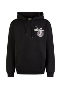 Schwarzer Baumwollhoodie mit einer Fronttasche, Kordelzugkapuze und weißem Grafiktext "ALL IN SINCE 1991" mit einem kreisförmigen Design.