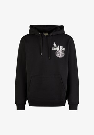 Black cotton hoodie featuring a front pocket, drawstring hood, and white graphic text "ALL IN SINCE 1991" with a circular design.
