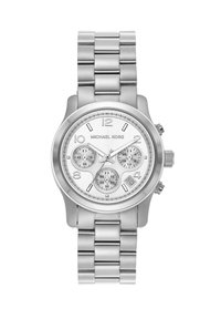 Silberne Edelstahl-Uhr mit rundem Gehäuse, weißem Zifferblatt, drei Hilfszifferblättern und einem Gliederarmband mit gebürsteten und polierten Oberflächen.
