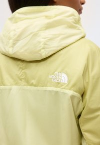 Άτομο που φοράει ανοιχτό κίτρινο μπουφάν The North Face με κουκούλα, εμφανιζόμενο από πίσω και πλάγια, με το λογότυπο ορατό στο πάνω μέρος της πλάτης.