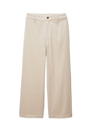 Pantalon large beige en tissu texturé, avec fermeture à bouton, passants de ceinture et poches avant, présenté à plat sur un fond blanc.