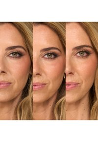Three close-up facial portraits side by side showing different makeup effects. Features include smooth skin, defined eyebrows, and various lipstick shades.