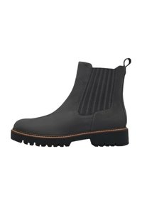 Bota Chelsea de cuero gris con paneles laterales de elastico vertical, superficie texturizada, lengüeta y una suela resistente. El detalle de costuras realza el diseño.