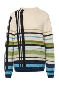 Gestrickter Pullover mit cremefarbenem Grundton, versehen mit mehrfarbigen Streifen in Grün, Blau und Schwarz; Rundhalsausschnitt und gerippte Bündchen. Strukturierter Stoff.