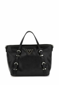 Borsa a tracolla in pelle nera a grana con due manici, dettagli in metallo argentato e una placca con logo triangolare sul davanti. Chiusura con zip nella parte superiore.