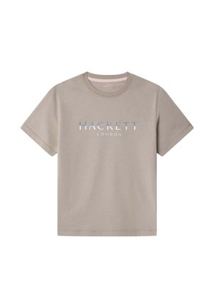 T-shirt di cotone beige chiaro con maniche corte, scollatura tonda e la scritta "HACKETT LONDON" stampata in blu e bianco sulla parte anteriore.