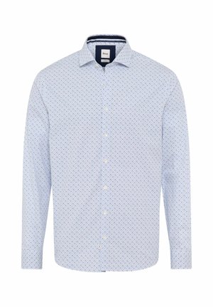 Camicia a maniche lunghe azzurro chiaro con un piccolo motivo geometrico ripetuto in blu scuro e rosso. Presenta un colletto classico e una chiusura con bottoni.
