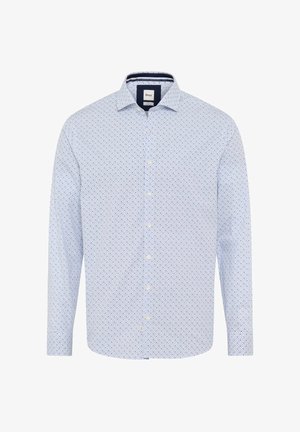 Camicia a maniche lunghe azzurro chiaro con un piccolo motivo geometrico ripetuto in blu scuro e rosso. Presenta un colletto classico e una chiusura con bottoni.