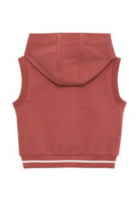 Ärmelloses Hoodie aus einem schlichten Terrakotta-Stoff. Mit Kapuze, gerippten Abschlüssen und einem weißen Streifenelement am Saum. Glatte Textur.