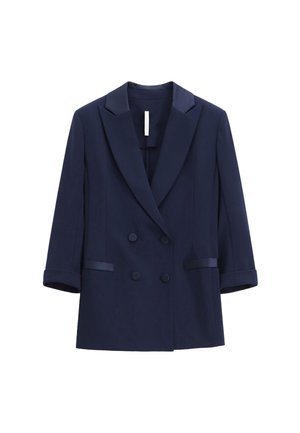 Blazer doppiopetto blu navy con rever in satin, maniche a tre quarti e due bottoni. Presenta una texture di tessuto liscia.