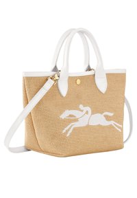Borsa in paglia intrecciata con dettagli in pelle bianca, doppie maniglie, tracolla staccabile e motivo a silhouette di cavallo bianco. Dettagli in metallo dorato.