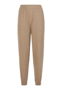 Beiga stickade joggerbyxor med elastisk midja, avsmalnande ben, framfickor och ribbade mudd vid anklarna.
