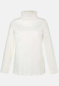 Weißes Rollkragenoberteil mit langen Ärmeln aus weichem Stoff, das eine taillierte Silhouette und eine glatte Textur ohne sichtbare Muster oder Akzente aufweist.