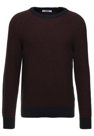 Dunkelroter und schwarzer gestrickter Pullover mit Struktur, langen Ärmeln, Rundhalsausschnitt sowie gerippten Bündchen und Saum.
