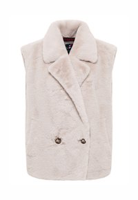 Kamizelka z sztucznego futra w jasnym beżu, z kołnierzem w kształcie szala, podwójnym zapięciem na guziki i miękką, teksturowaną powierzchnią.