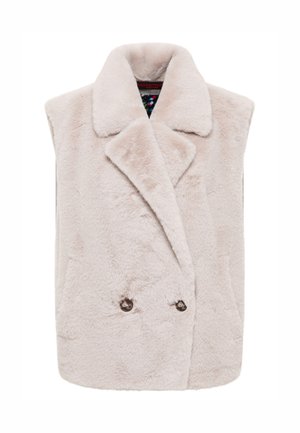 Faux bamboe vest in lichtbeige met een sjawlkragen, dubbele knoopsluiting en een zachte, gestructureerde oppervlakte.