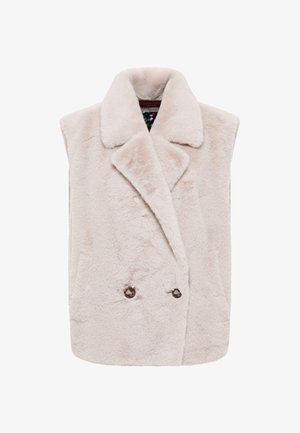 Faux bamboe vest in lichtbeige met een sjawlkragen, dubbele knoopsluiting en een zachte, gestructureerde oppervlakte.