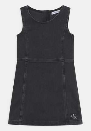 Black denim dress with a sleeveless design, round neckline, and seam detailing. Features a logo tag at the bottom right corner.