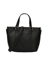 Borsa a tracolla nera trapuntata in pelle sintetica, dotata di manici superiori doppi e di una tracolla rimovibile con dettagli in metallo dorato.