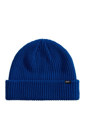 Niebieska prążkowana dzianinowa czapka beanie z podwiniętym mankietem i małą metką z logo Vans na mankiecie, pokazana na białym tle.