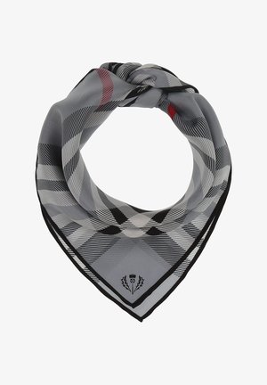Foulard in seta grigio con motivo a quadri. Presenta bordi neri e dettagli rossi. Texture morbida, forma triangolare. Logo nell'angolo.