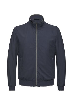 Marineblaue Jacke mit hohem Kragen, durchgehendem Frontreißverschluss und elastischen Bündchen. Verfügt über Seitentaschen, glatte Textur und kontrastierende Reißverschlussdetails.