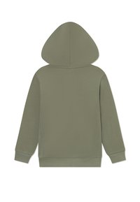 Sweat à capuche vert olive avec des manches longues, texture douce et poignets et ourlet côtelés. Design minimaliste sans embellissements supplémentaires.
